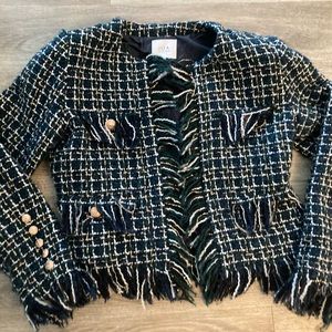 JOA tweed blazer jacket with gold piping and buttons